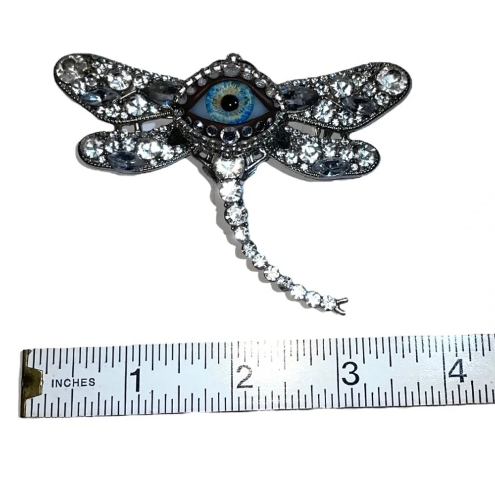 Dragonfly & Eye of Protection Brooch Pendant Handmade Glass Iris & Rhinestones